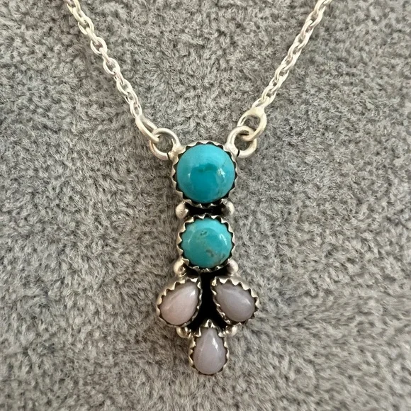 ❤️ Bluebird Turquoise & Pink Opal 925 Southwestern Navajo Necklace 18+2”L 11.4Gm - Picture 3 of 12